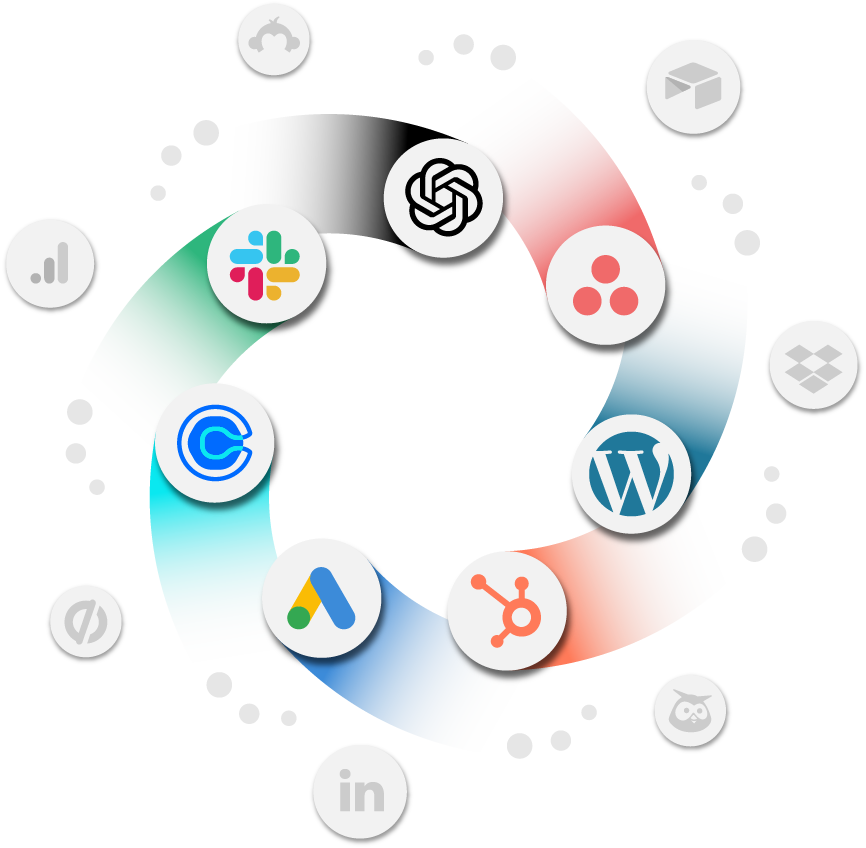 Illustration showing marketing automation and martech software integrations | MQLFlow - Marketing Automation Services